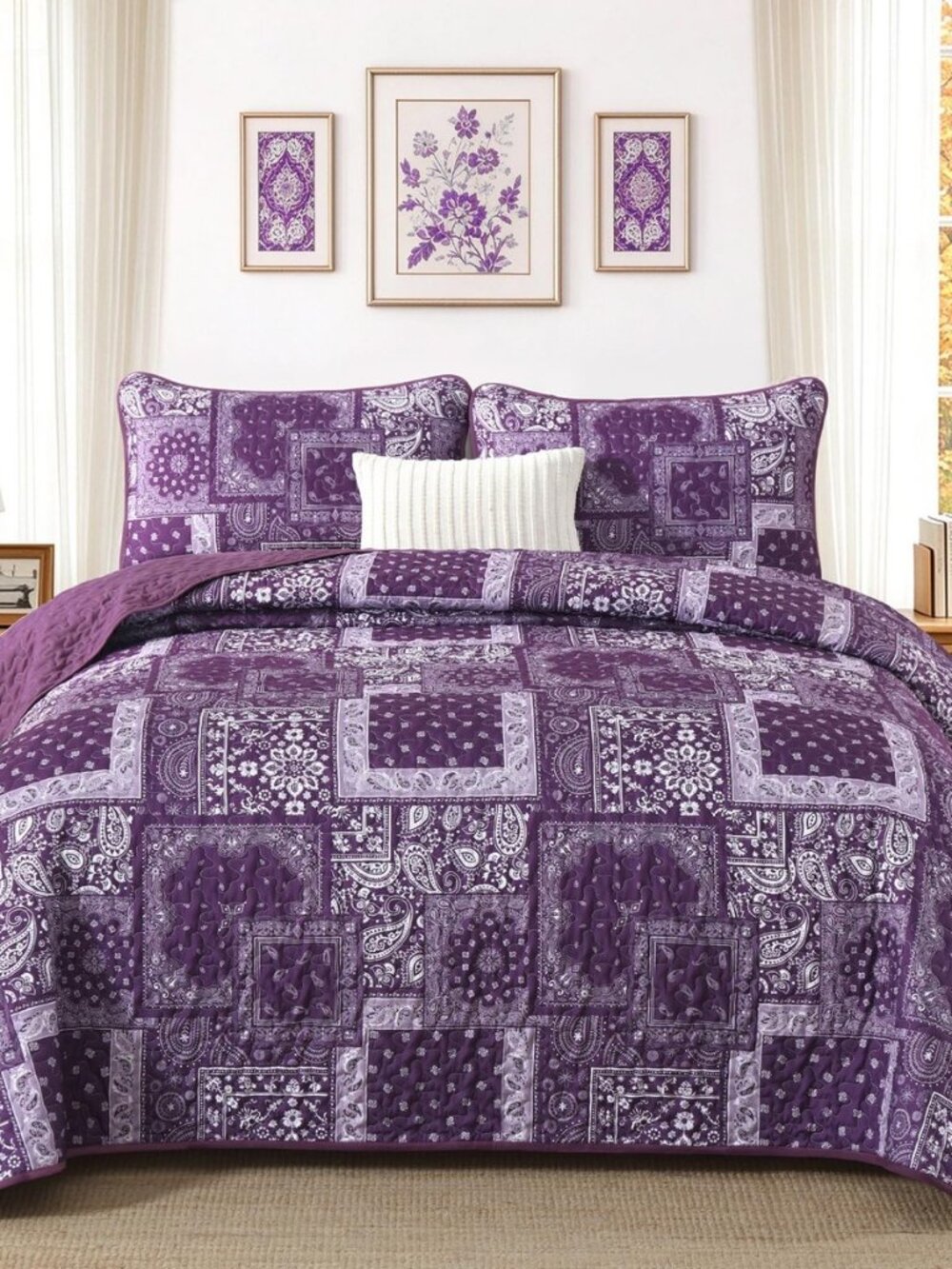 Purple Quilt Set King,3 Pcs Boho Patchwork Paisley Quilt Set